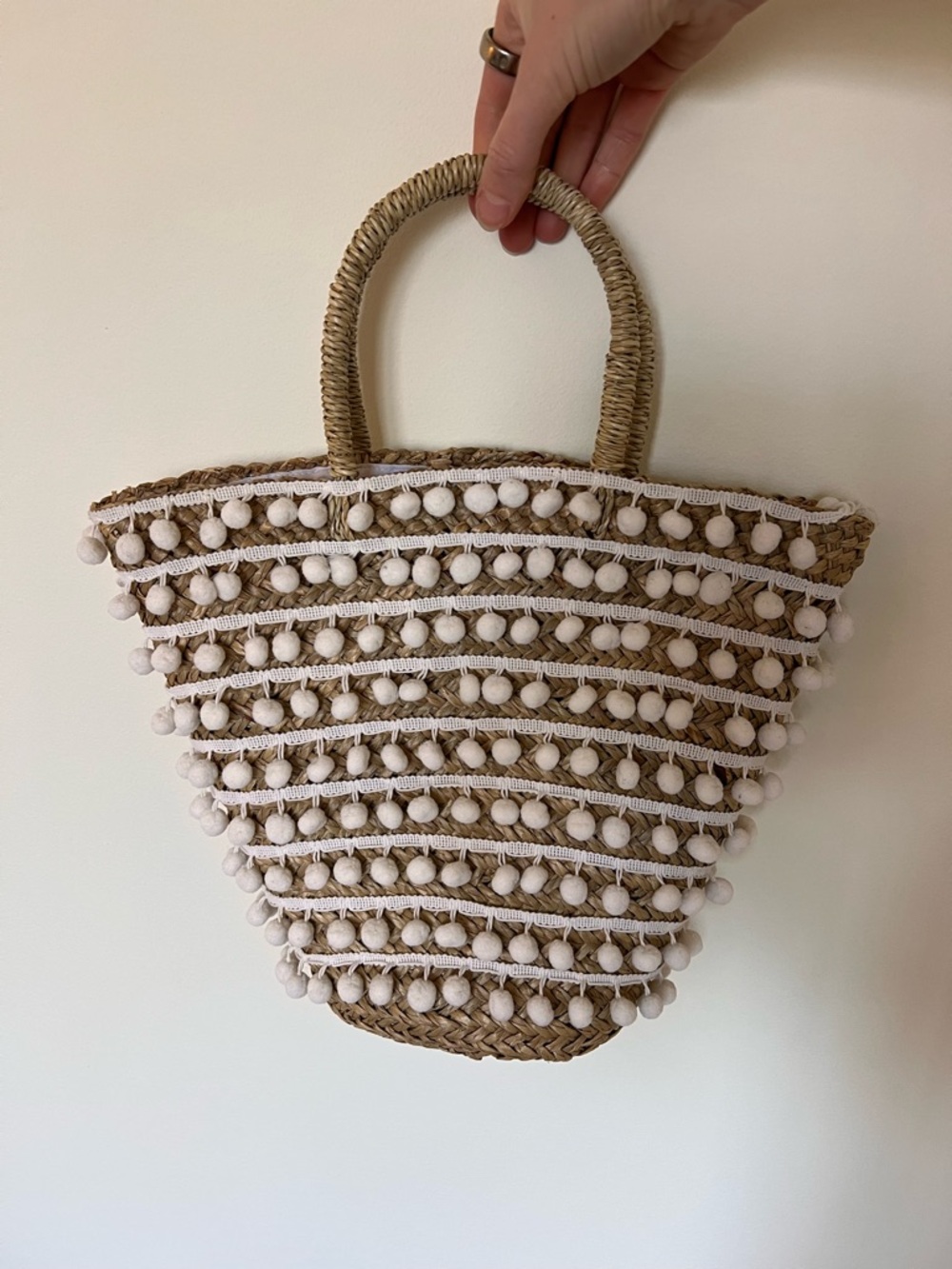 Woven Raffia Tote with White Pom-Pom Trim
